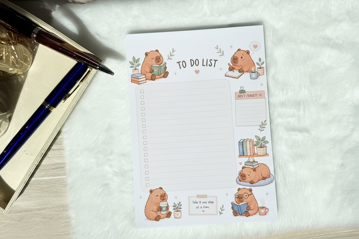 To-do list sheet with capybara illustrations on a textured surface