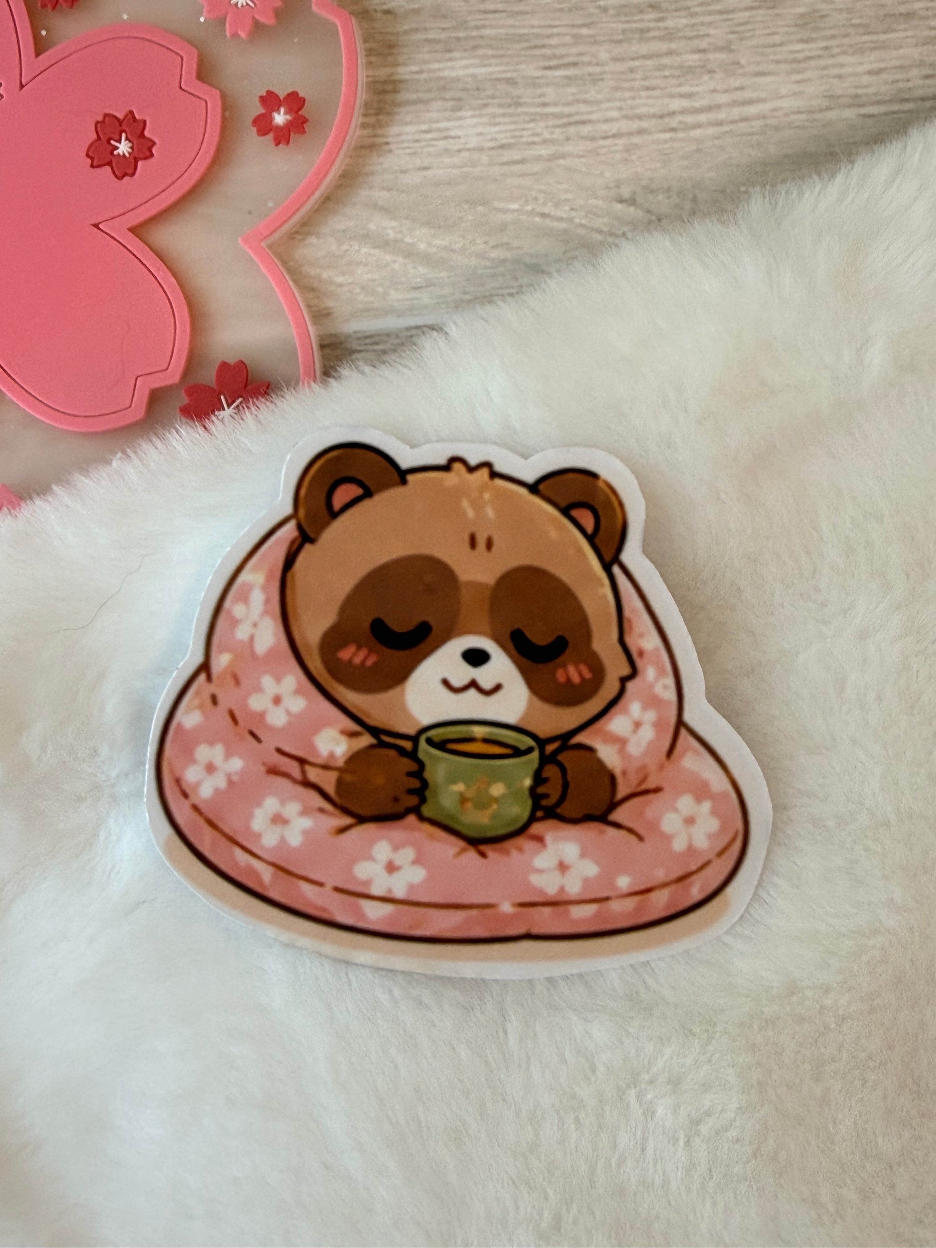 Tanuki Warm & Cozy Die-Cut Sticker - Snuggle with Tea